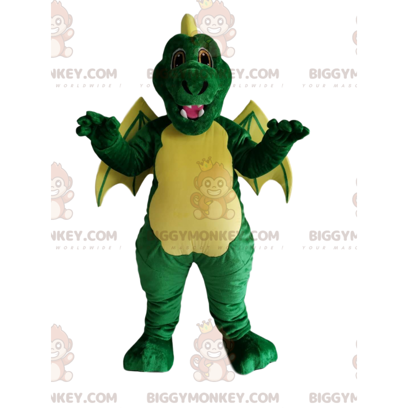 Costume de mascotte BIGGYMONKEY™ de dragon vert et jaune.