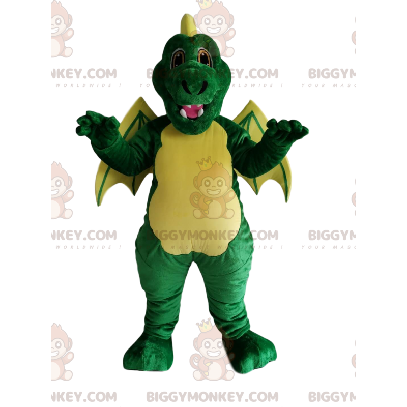 Grön och gul drake BIGGYMONKEY™ maskotdräkt. drak kostym - Grön och gul drake BIGGYMONKEY™ maskotdräkt. drak kostym -