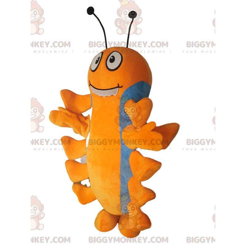 Costume de mascotte BIGGYMONKEY™ de mille-pattes orange et bleu Costume de mascotte BIGGYMONKEY™ de mille-pattes orange et bleu
