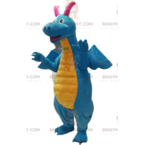 Disfraz de mascota dragón azul y amarillo muy sonriente BIGGYMONKEY™. traje de dragón - Mascota del dragón - BiggyMonkey.com