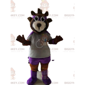 Traje de mascote BIGGYMONKEY™ de urso pardo em traje de herói.
