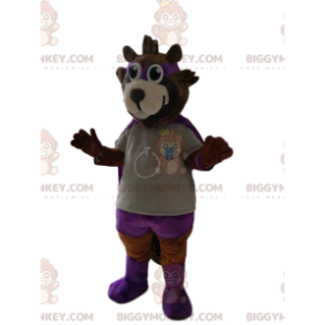 Traje de mascote BIGGYMONKEY™ de urso pardo em traje de herói.