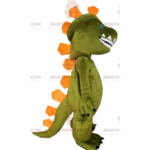 BIGGYMONKEY™ maskotdräkt av grön dinosaurie och orange vapen. -