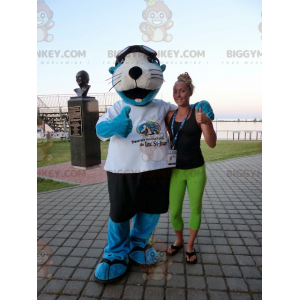 Blue and White Sea Lion BIGGYMONKEY™ Mascot Costume with Shorts