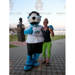 Blauw-witte zeeleeuw BIGGYMONKEY™ mascottekostuum met korte broek en T-shirt - Vis mascottes - BiggyMonkey.com
