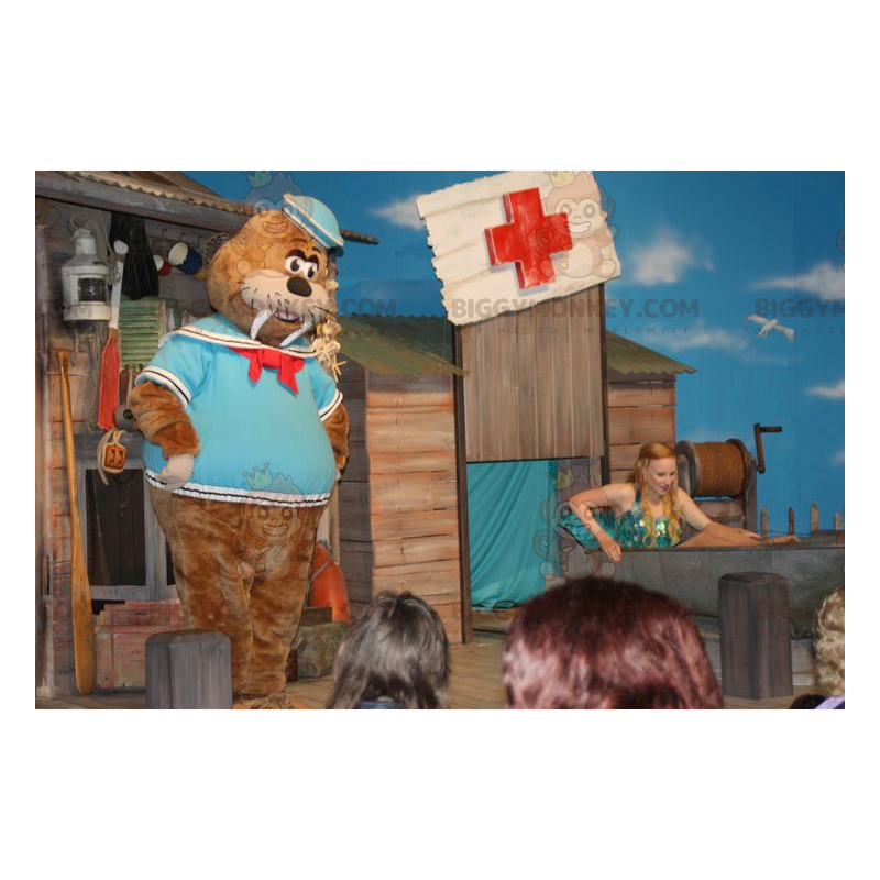 Costume de mascotte BIGGYMONKEY™ de morse marron en tenue de Costume de mascotte BIGGYMONKEY™ de morse marron en tenue de
