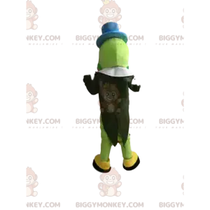 Traje de mascote BIGGYMONKEY™ de grilo verde com boné azul. –
