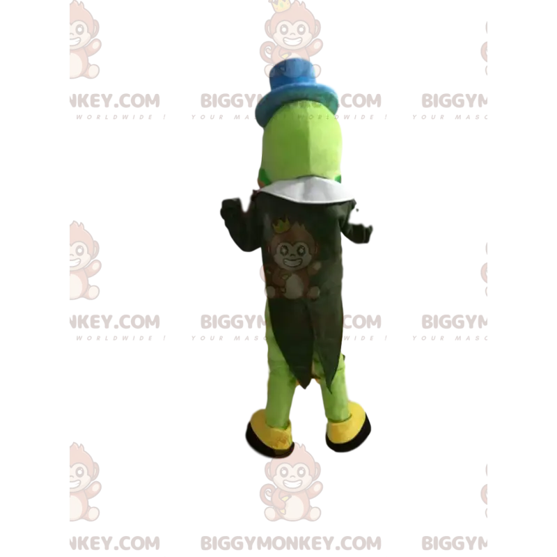 Traje de mascote BIGGYMONKEY™ de grilo verde com boné azul. – Traje de mascote BIGGYMONKEY™ de grilo verde com boné azul. –