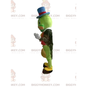 Traje de mascote BIGGYMONKEY™ de grilo verde com boné azul. –