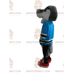 Gray shark BIGGYMONKEY™ mascot costume with blue jersey. shark