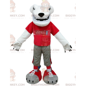 Fato de mascote de urso polar BIGGYMONKEY™ com jersey vermelho.