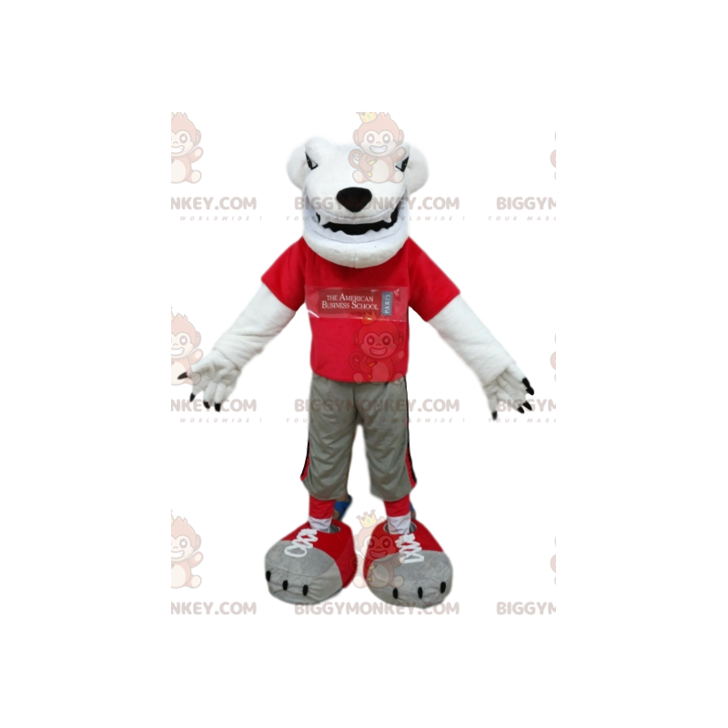 Costume de mascotte BIGGYMONKEY™ d'ours blanc avec un maillot Costume de mascotte BIGGYMONKEY™ d'ours blanc avec un maillot