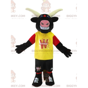 Bull BIGGYMONKEY™ mascot costume with yellow jersey. bull