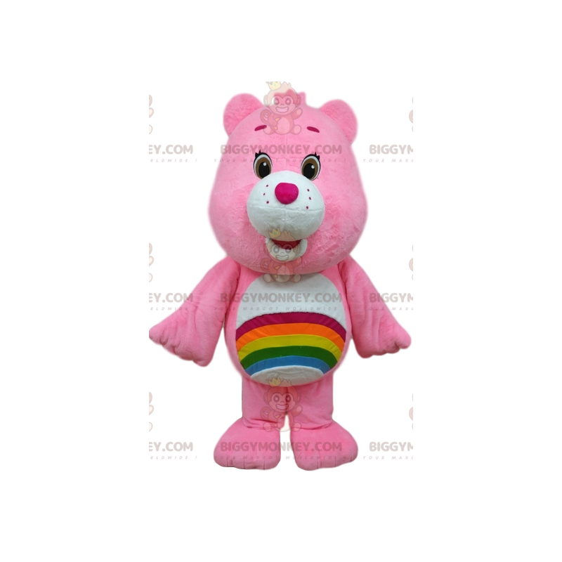 BIGGYMONKEY™ maskotdräkt av rosa vårdbjörn med en regnbåge på