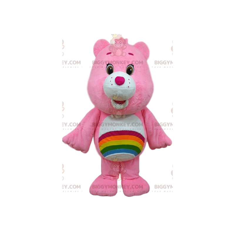 Disfraz de mascota BIGGYMONKEY™ de osito rosa con un arcoíris Disfraz de mascota BIGGYMONKEY™ de osito rosa con un arcoíris