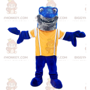 Blue shark BIGGYMONKEY™ mascot costume with yellow jersey.