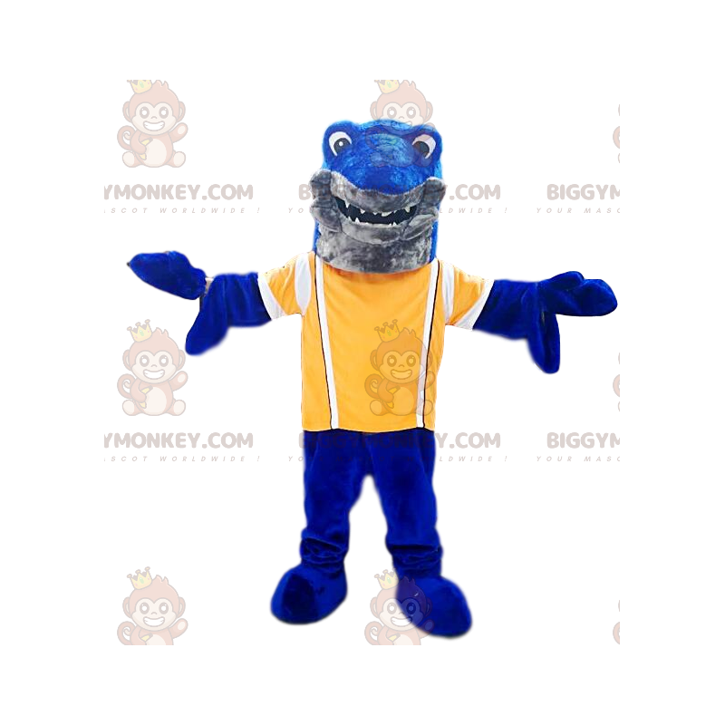 Blå haj BIGGYMONKEY™ maskotdräkt med gul jersey. hajdräkt - Blå haj BIGGYMONKEY™ maskotdräkt med gul jersey. hajdräkt -