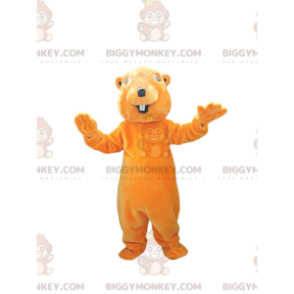 Mycket leende orange bäver BIGGYMONKEY™ maskotdräkt. bäverdräkt