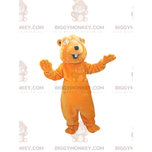 Mycket leende orange bäver BIGGYMONKEY™ maskotdräkt. bäverdräkt