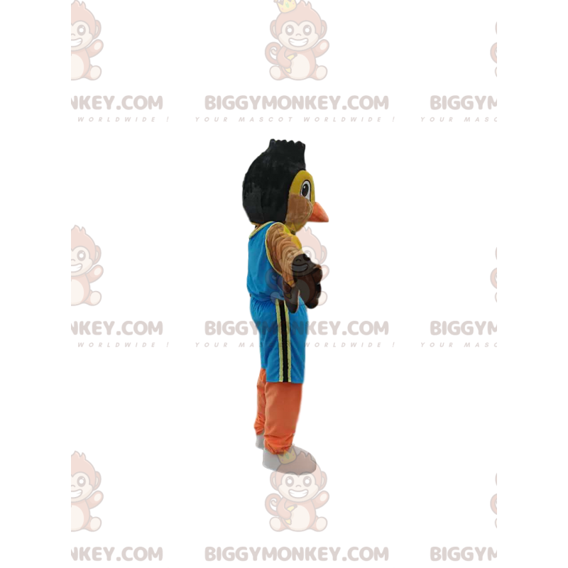 BIGGYMONKEY™ mascot costume of colorful sparrow in sportswear.