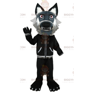BIGGYMONKEY™ Costume da mascotte lupo grigio con giacca nera.