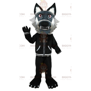 BIGGYMONKEY™ Gray Wolf Mascot Costume with Black Jacket. wolf