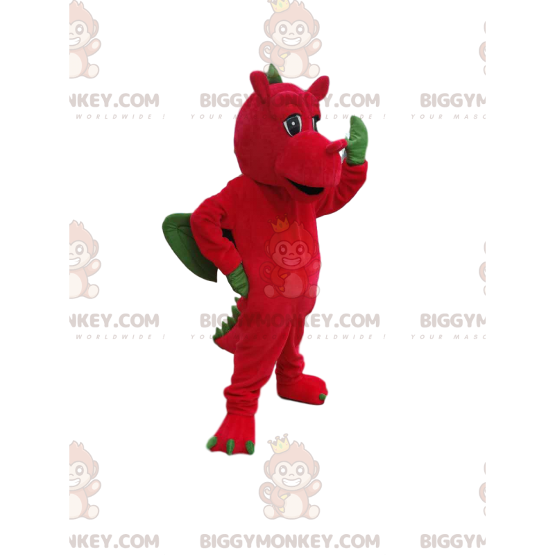 BIGGYMONKEY™ costume da mascotte di drago rosso con ali verdi.