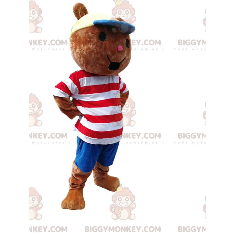 Lille bjørn BIGGYMONKEY™ maskot kostume med hvid og rød stribet Lille bjørn BIGGYMONKEY™ maskot kostume med hvid og rød stribet