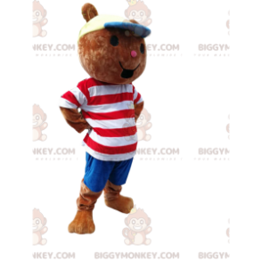 Pikku karhu BIGGYMONKEY™ maskottiasu, jossa valkoinen ja punainen raidallinen t-paita - Karhun maskotti - BiggyMonkey.com
