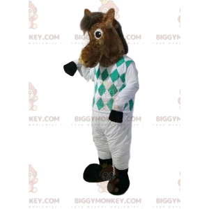 Kostým maskota BIGGYMONKEY™ hnědého koně v žokejském oblečení.