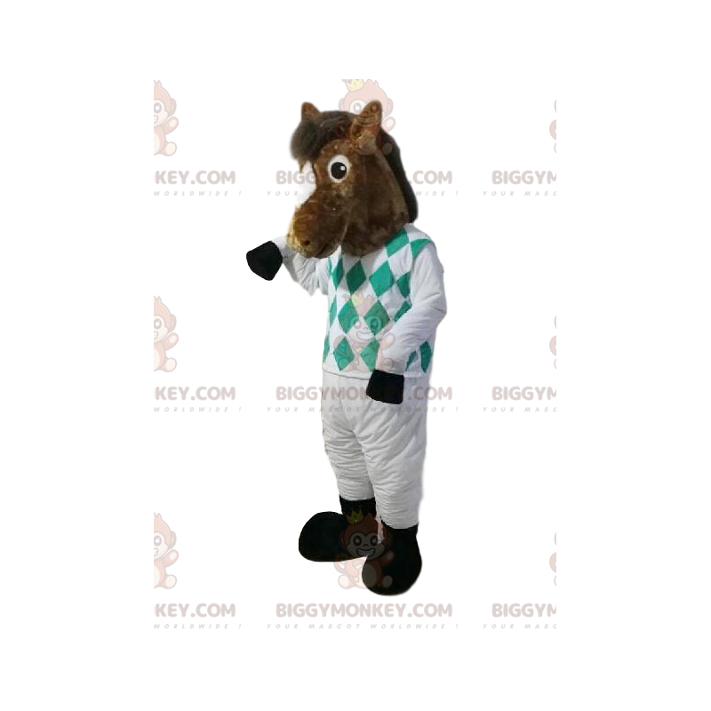 BIGGYMONKEY™ mascot costume of brown horse in jockey outfit.