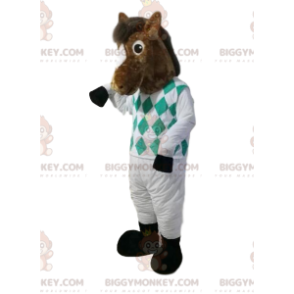 BIGGYMONKEY™ mascot costume of brown horse in jockey outfit.