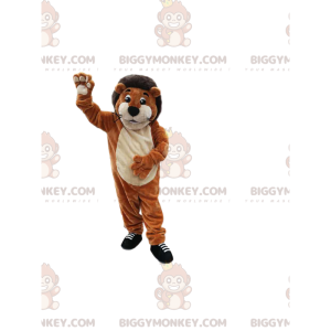 Zeer lachende bruine leeuw BIGGYMONKEY™ mascottekostuum.