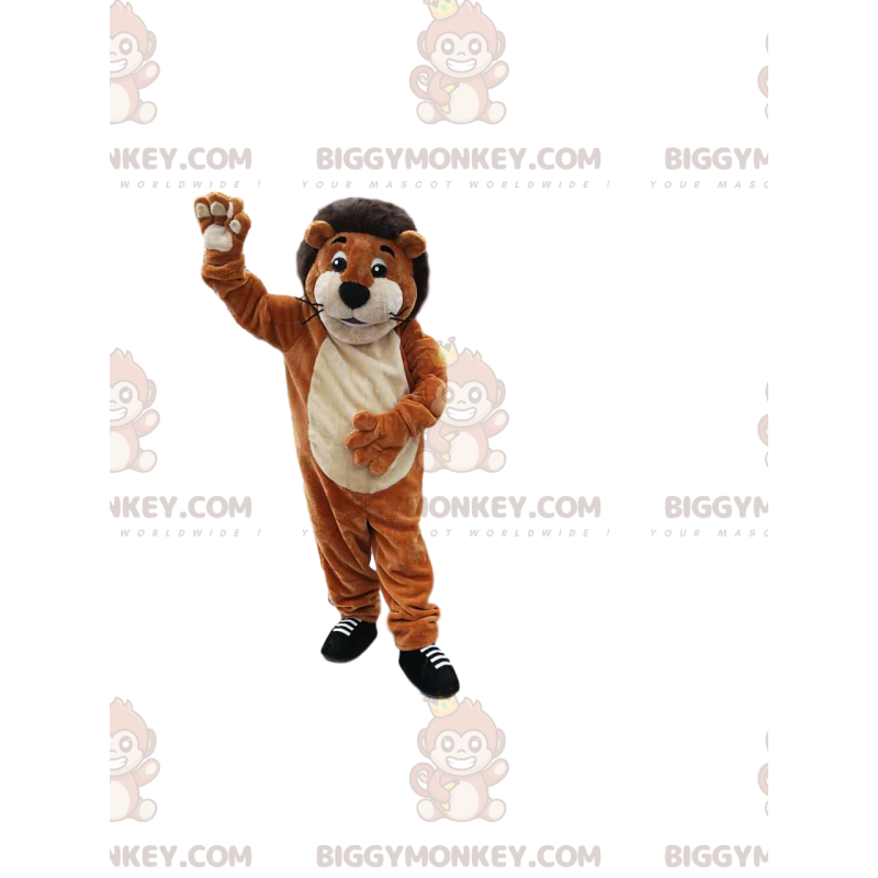 Traje de mascote de leão marrom muito sorridente BIGGYMONKEY™. Traje de mascote de leão marrom muito sorridente BIGGYMONKEY™.