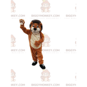Zeer lachende bruine leeuw BIGGYMONKEY™ mascottekostuum.