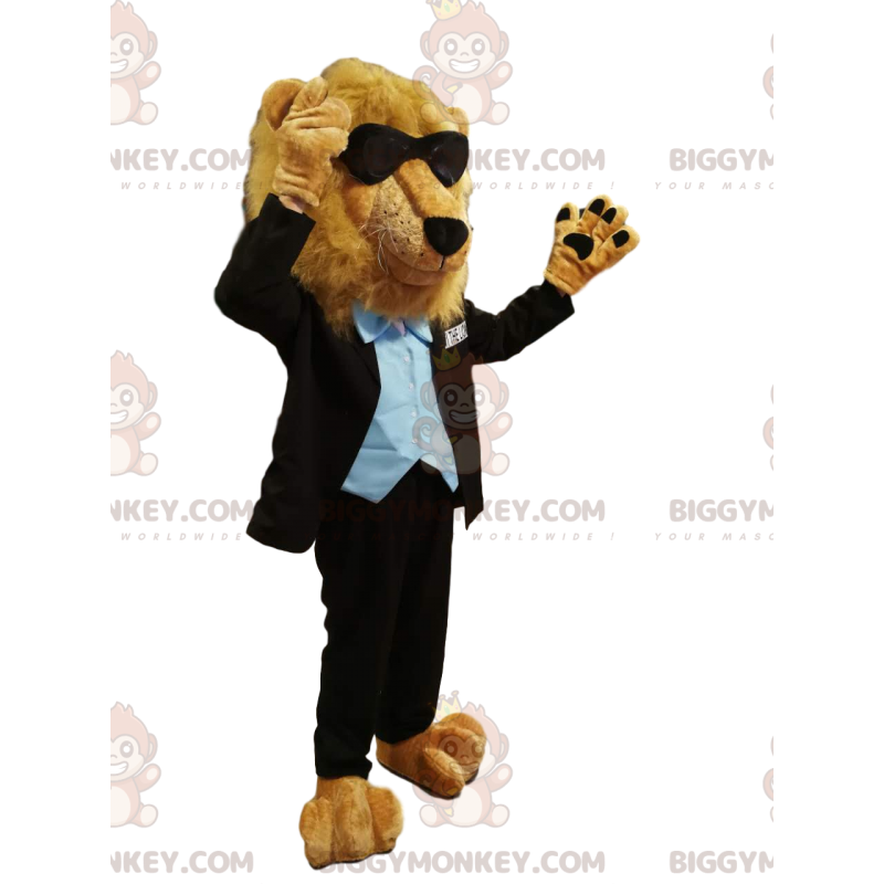 Costume de mascotte BIGGYMONKEY™ de lion en costume noir, avec Costume de mascotte BIGGYMONKEY™ de lion en costume noir, avec