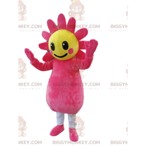 Fuchsia and yellow flower BIGGYMONKEY™ mascot costume. flower