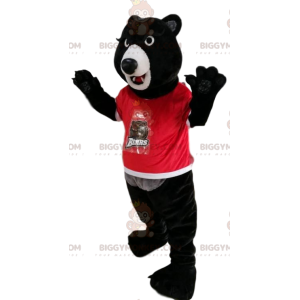 Costume de mascotte BIGGYMONKEY™ d'ours noir en maillot rouge.