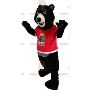 Kostým maskota BIGGYMONKEY™ černého medvěda v červeném dresu.