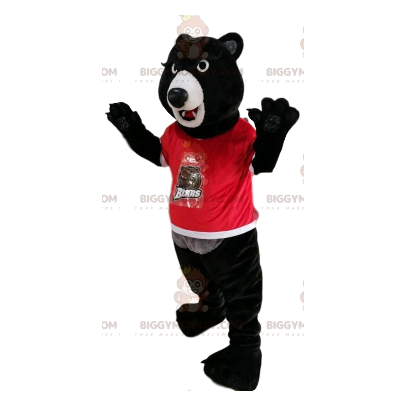 BIGGYMONKEY™ mascot costume of black bear in red jersey. black