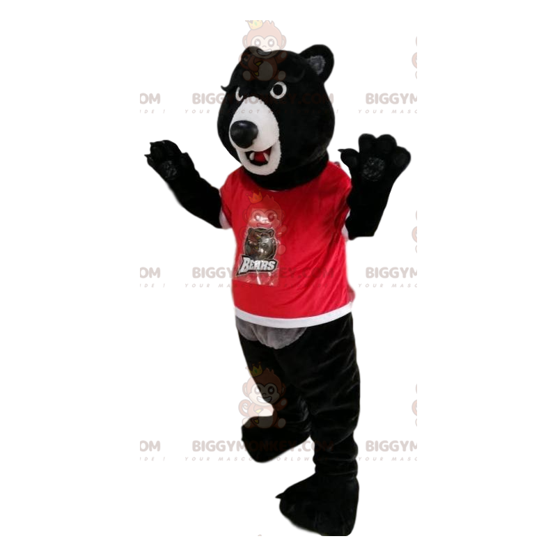 Στολή μασκότ BIGGYMONKEY™ μαύρης αρκούδας σε κόκκινη φανέλα.