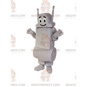 Leende grå robot BIGGYMONKEY™ maskotdräkt. robot kostym -