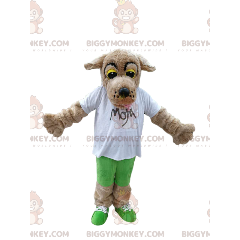 BIGGYMONKEY™ maskotdräkt av rörande beige hund med vit jersey - BIGGYMONKEY™ maskotdräkt av rörande beige hund med vit jersey -
