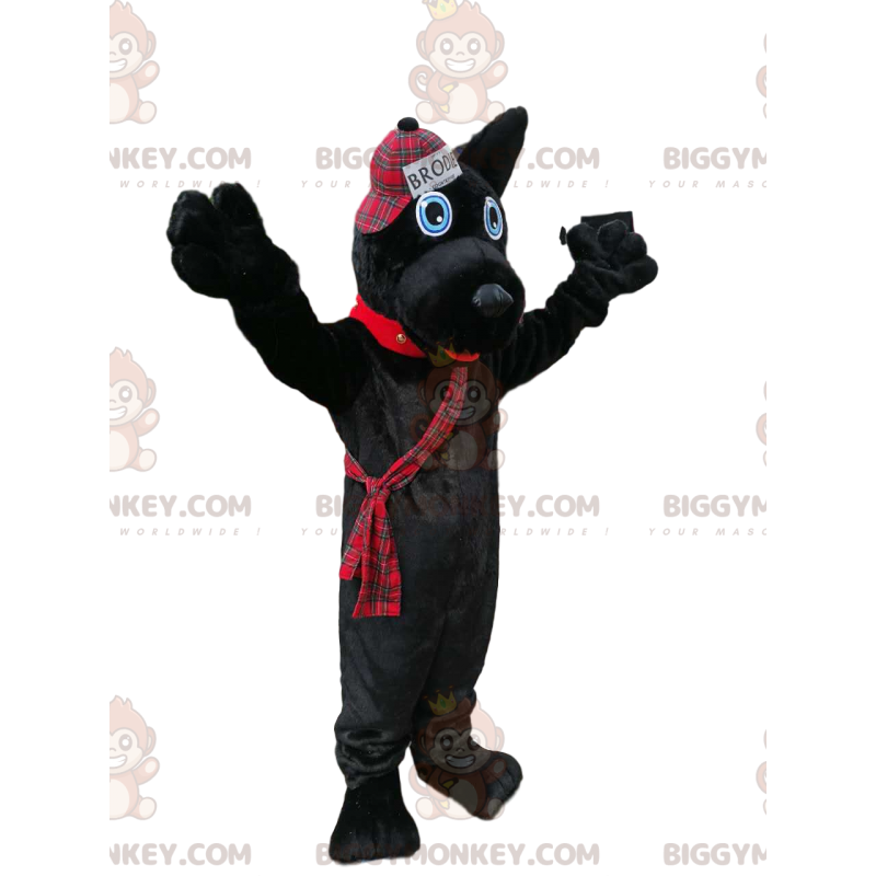 Kostým maskota černého psa BIGGYMONKEY™ s čepicí ve skotském Kostým maskota černého psa BIGGYMONKEY™ s čepicí ve skotském