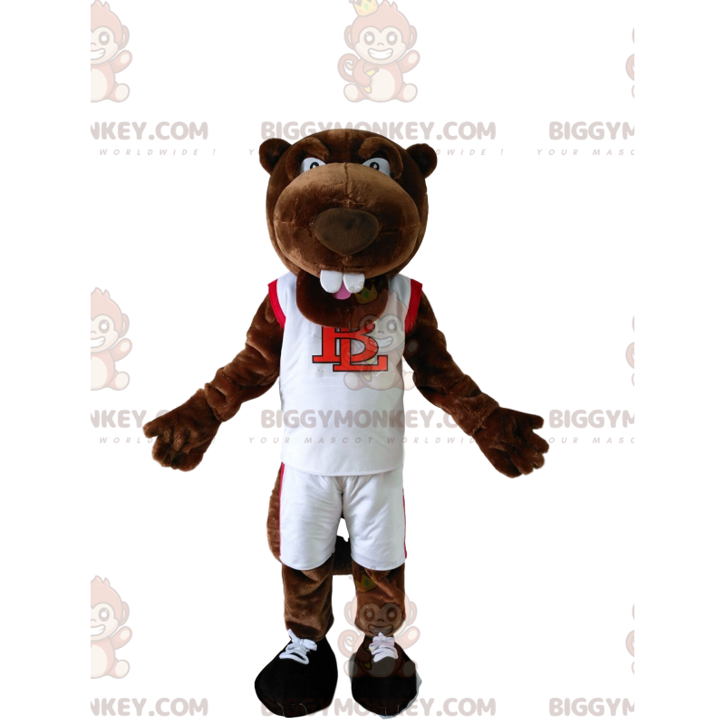  BIGGYMONKEY™ Costume da mascotte Castoro marrone in abbigliamento sportivo bianco - Animali della foresta - BiggyMonkey.com