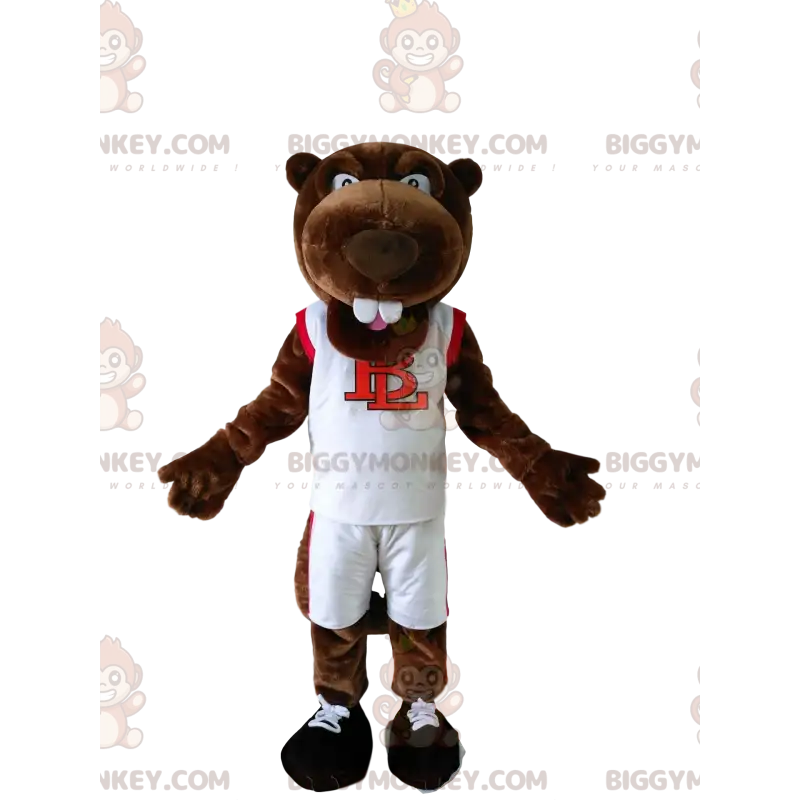 BIGGYMONKEY™ Maskotdräkt Brun bäver i vita sportkläder - BIGGYMONKEY™ Maskotdräkt Brun bäver i vita sportkläder -