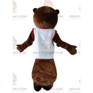 BIGGYMONKEY™ Maskotdräkt Brun bäver i vita sportkläder -