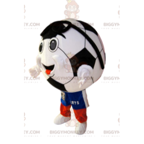  BIGGYMONKEY™ Costume da mascotte Pallone da calcio sorridente in pantaloncini blu - Mascotte di oggetti - BiggyMonkey.com