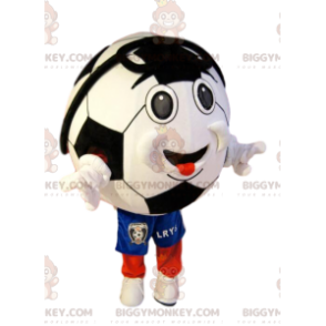  BIGGYMONKEY™ Costume da mascotte Pallone da calcio sorridente in pantaloncini blu - Mascotte di oggetti - BiggyMonkey.com