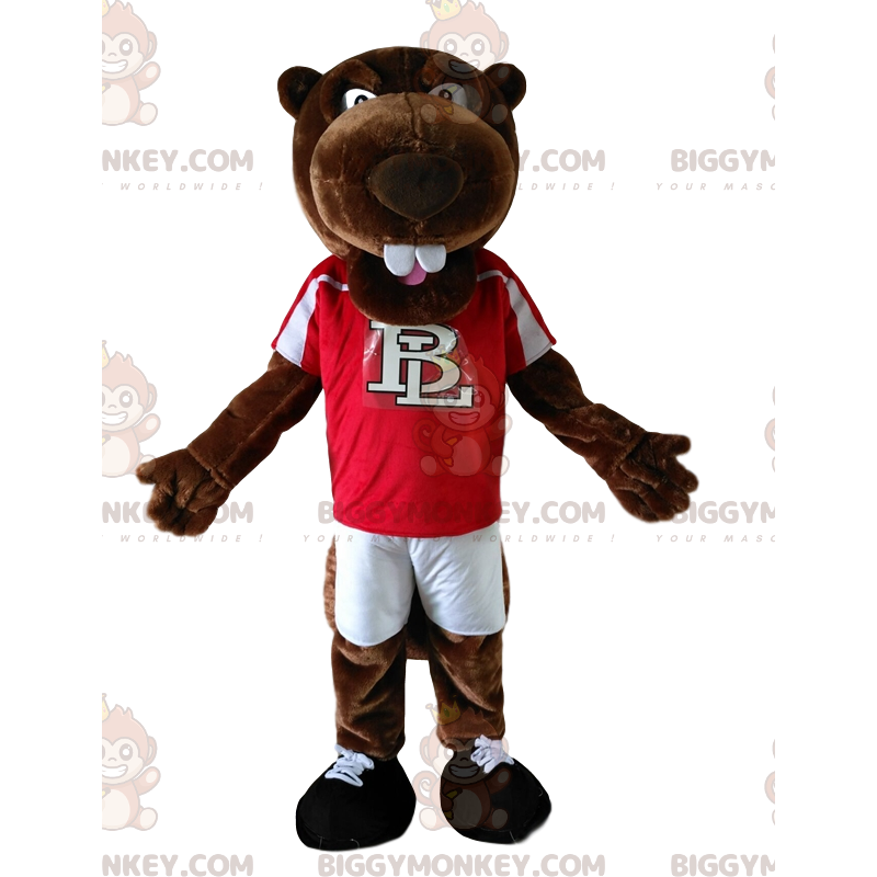 BIGGYMONKEY™ maskotkostume af brun bæver med en rød jersey. - BIGGYMONKEY™ maskotkostume af brun bæver med en rød jersey. -